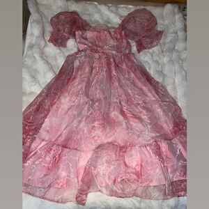 Pink Sheer Puff Sleeve Dress